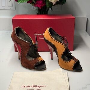 Salvatore Ferragamo Women's Brown and Orange Lace-Up Heels